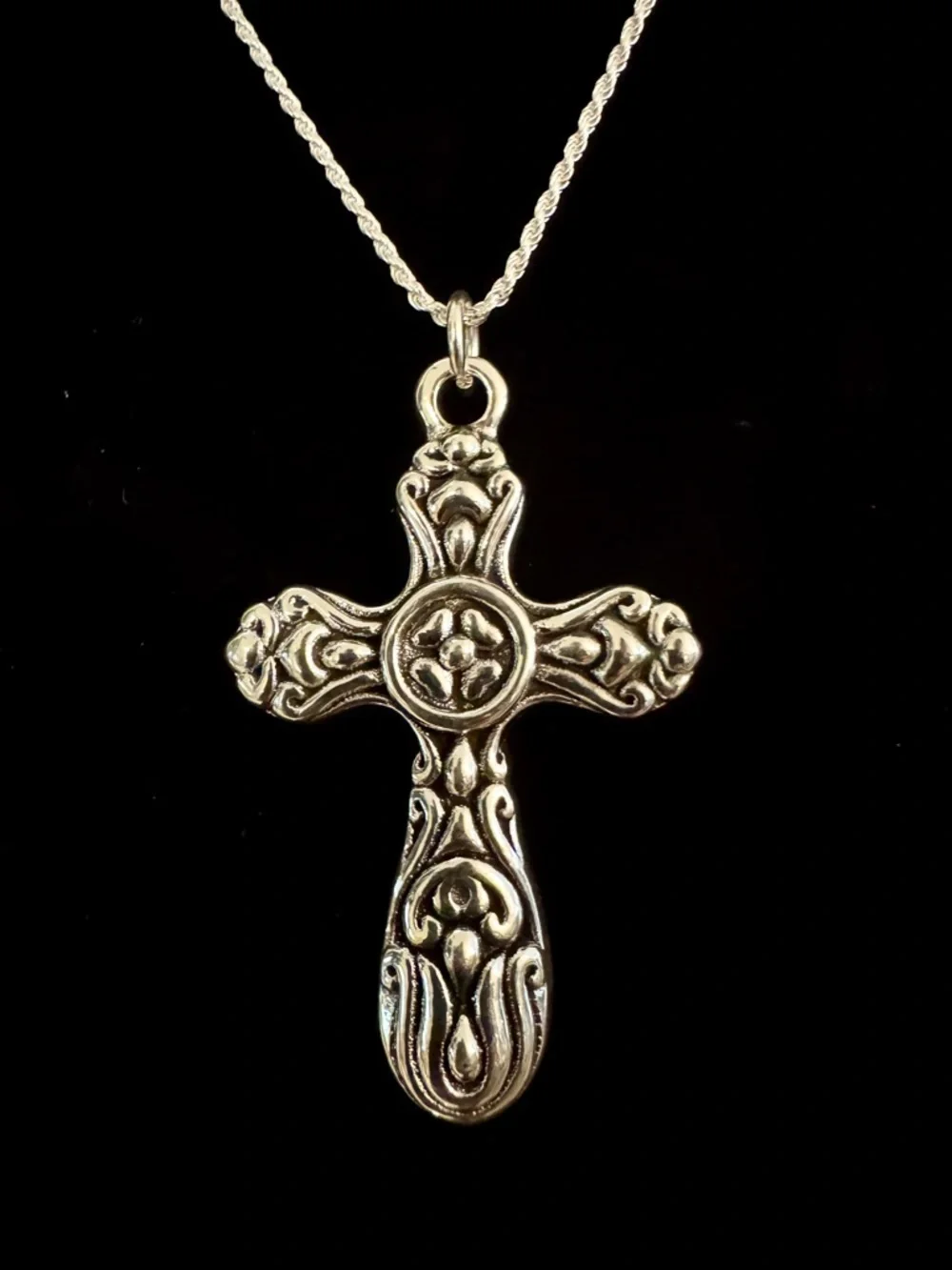 Ornate sterling Silver Cross Pendant with sterling‎ rope chain - Women Jewelry